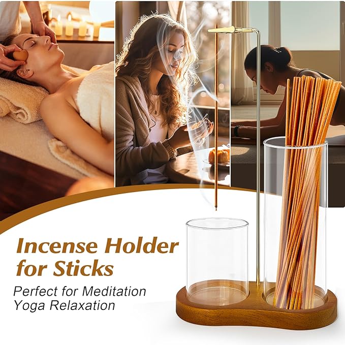 2 in 1 Incense Holder for Sticks, Hang Upside Dowd Incense Burner with Glass Ash Catcher, Anti-Ash Flying and Incense Sticks Storage, for Meditation Yoga Spa Home Decor Office (Wood, Dark Brown) - Bloomnest