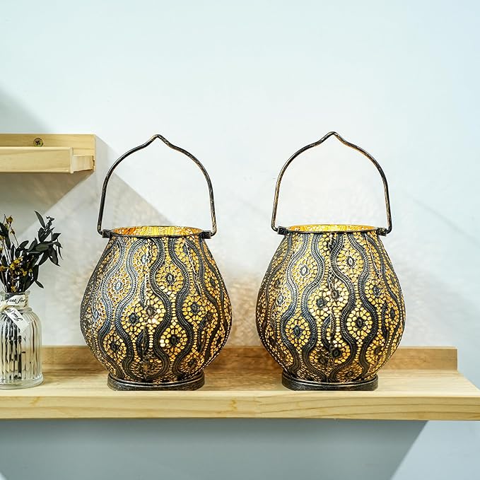 TRIROCKS Set of 2 Moroccan Decorative Lamps 8'' High Cordless Lamp Metal Table Lamps with Fairy Lights Bulb for Home Living Room Garden Yard Party Events Tabletop Indoor Outdoor(Black) - Bloomnest