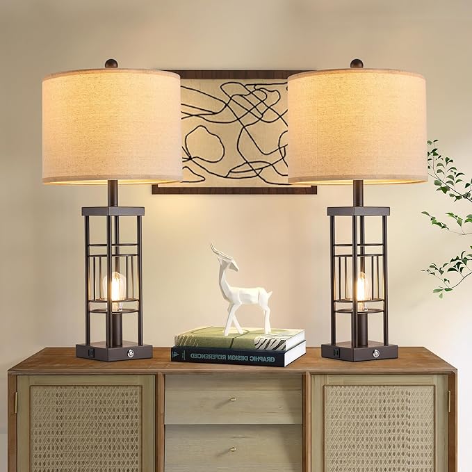 Table Lamp for Living Room Set of 2 with USB Charging Ports, 3-Way Dimmable 27.6" Farmhouse End Lamps for Bedroom, Industrial Nightstand Lamps,Bulbs Included(Oil-Rubbed Bronze) - Bloomnest