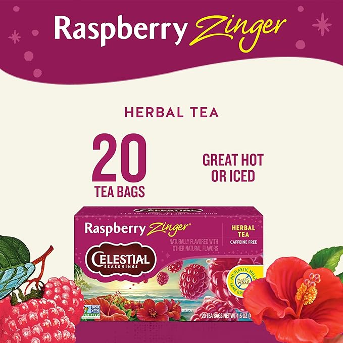 Celestial Seasonings Raspberry Zinger Herbal Tea, Caffeine Free, 20 Tea Bags Box - Bloomnest