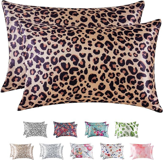 MR&HM Satin Pillowcase for Hair and Skin, Silk Satin Pillowcase 2 Pack, King Size Pillow Cases Set of 2, Silky Pillow Cover with Envelope Closure (20x36, Brown Leopard) - Bloomnest