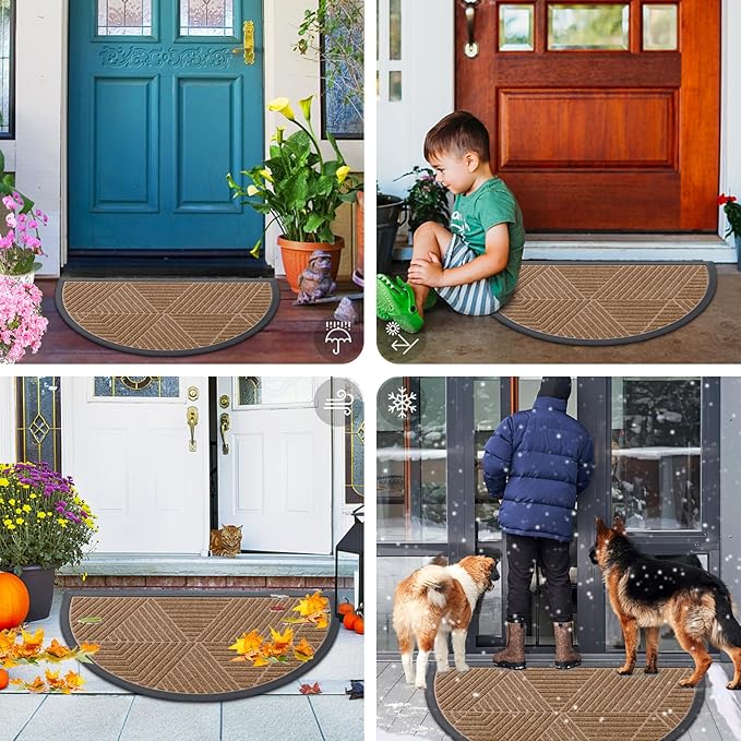 Smiry Half Circle Front Door Mat Outside Entrance, Heavy Duty Sturdy Natural Rubber Doormat, Trap Dirt and Moisture, Low Profile Mats for Indoor Outdoor Entry, Irregular Triangle (47x32, Coffee) - Bloomnest