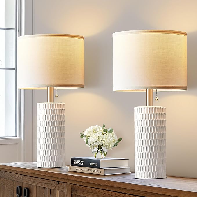 Table Lamps for Living Room Set of 2, Ceramic Table Lamps for Bedroom, 20" Modern Lamps for Night Stands, White - Bloomnest