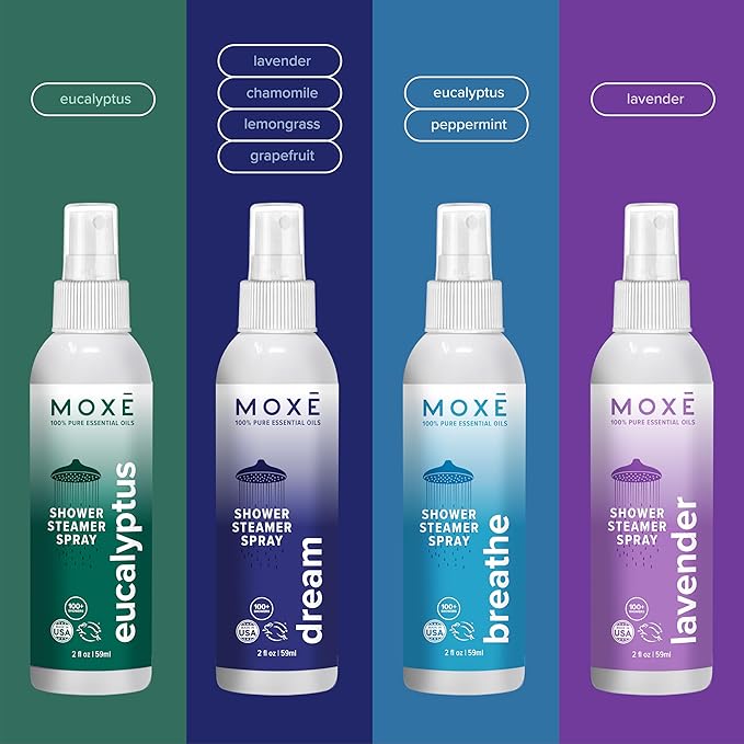 MOXE Aromatherapy Shower Mist Variety Pack, Eucalyptus, Lavender, Breathe and Dream, Spa Steam Spray, Natural 100% Essential Oils, Made in USA, Aromatherapy, Sinus Congestion Relief, 4 Pack (8oz) - Bloomnest