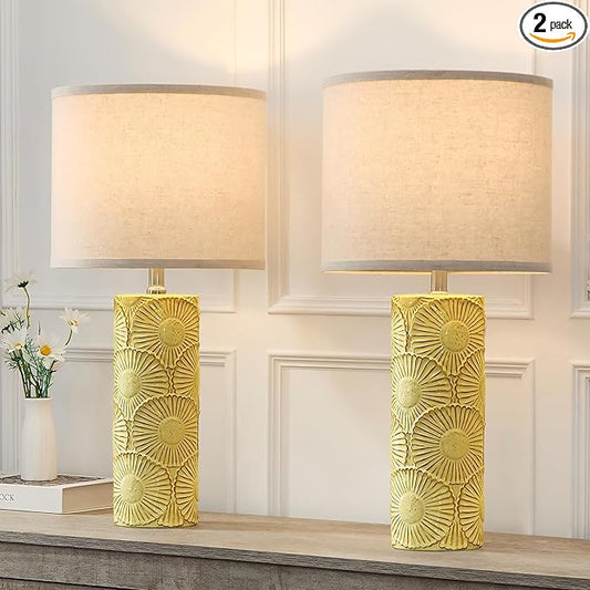 25.25" Ceramic Lamps Set of 2 for Living Room, Bedroom, Yellow Flower Table Lamps Set of 2 for Buffet, Ceramic Bedroom Lamp for Nightstand, Farmhouse Lamp for Console Table, Credenza - Bloomnest