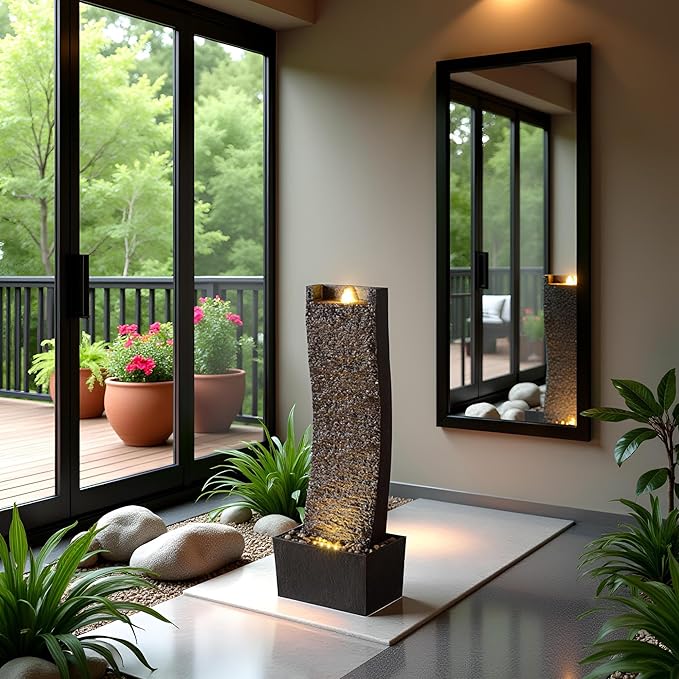 38.2in. Indoor/Outdoor Water Fountain with LED Lights – Vintage Rock Design and Relaxing Waterfall Feature for Home, Garden, or Office (Curved Slate Stone)