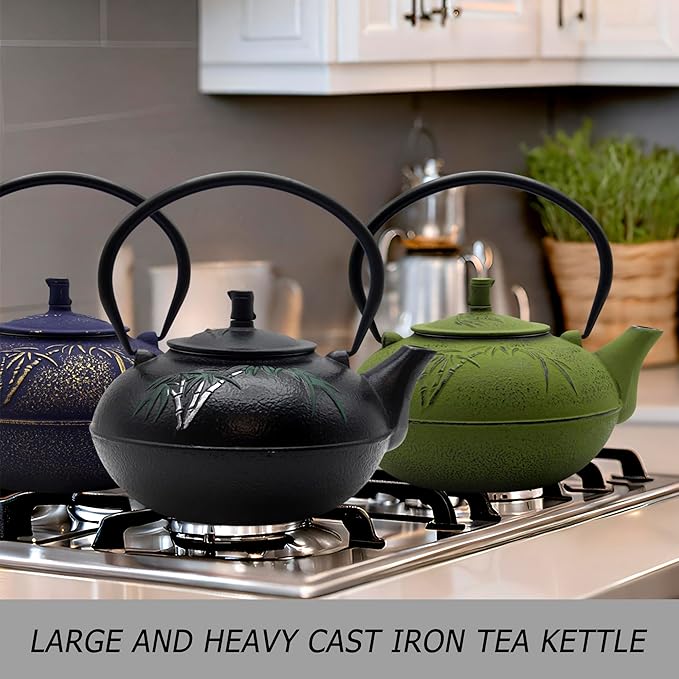 YJX 84.6oz/2500ml Big Cast Iron Tea Kettle for 5 to 8 Persons, Teapot with Stainless Steel Infuser, Cast Iron Teapot with Enamel Interior for Stovetop Safe (2500ml Purple Teapot with Bamboo Pattern) - Bloomnest