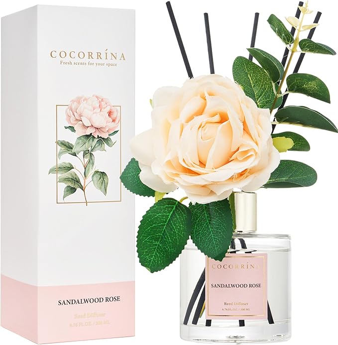 Cocorrina Reed Diffuser Set, Flower Reed Diffuser Sandalwood Rose 6.7 oz, Scented Diffuser with Sticks Home Fragrance Essential Oil for Bathroom Shelf Decor, Living Room, Large Room, 1pack - Bloomnest