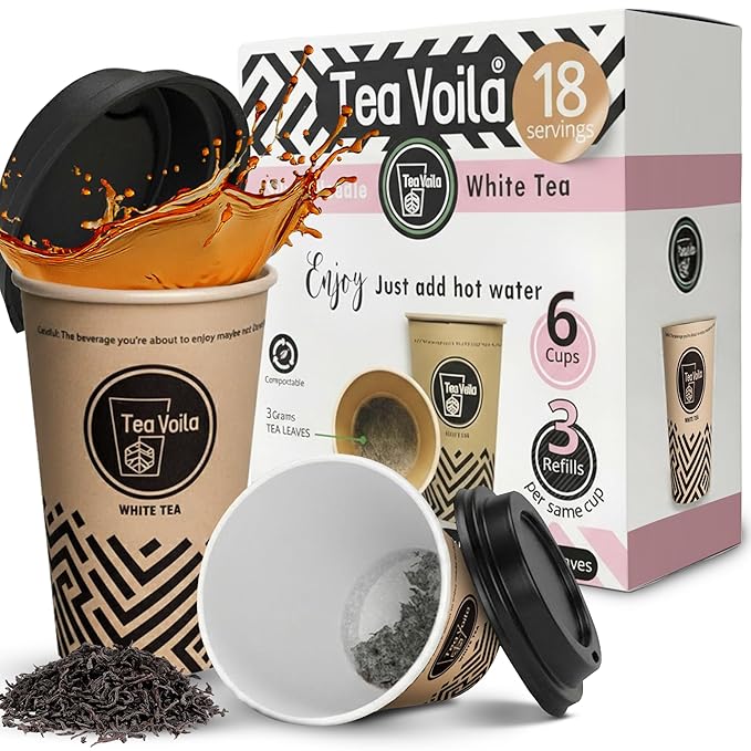 TeaVoila Instant Brew Tea in A Cup - Organic Loose Leaf White Tea – Tea Infuser Built In Biocompostable 6 Cups, Each Refillable 3x, 18 Servings in Total – No Tea Bags Needed, For Office & Travel