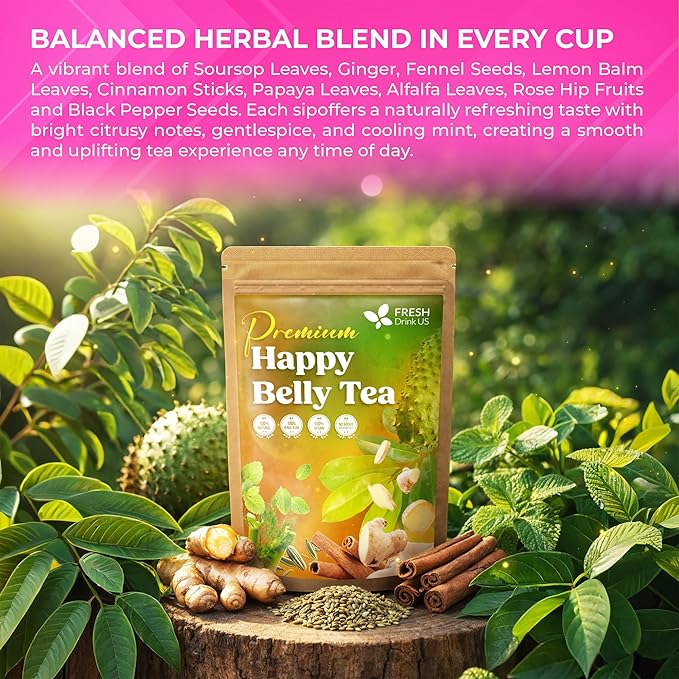 FreshDrinkUS, Premium Happy Belly Tea | 135 Tea Bags | Herbal Tea Blend with Soursop Leaves, Ginger, Fennel Seed, Lemon Balm, Cinnamon, Papaya Leaves & Rose Hip – Naturally Caffeine Free. Sugar Free - Bloomnest