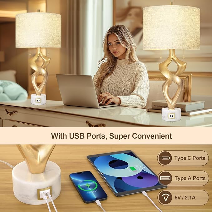 Scenekoy Sculptural Resin Table Lamp Set of 2 with USB Ports for Bedroom Living Room, 31” Big Gold Leaf Marble Base Bedside Lamps, Pull Chains Switch Modern Nightstand Lamp for Home Room Decor - Bloomnest