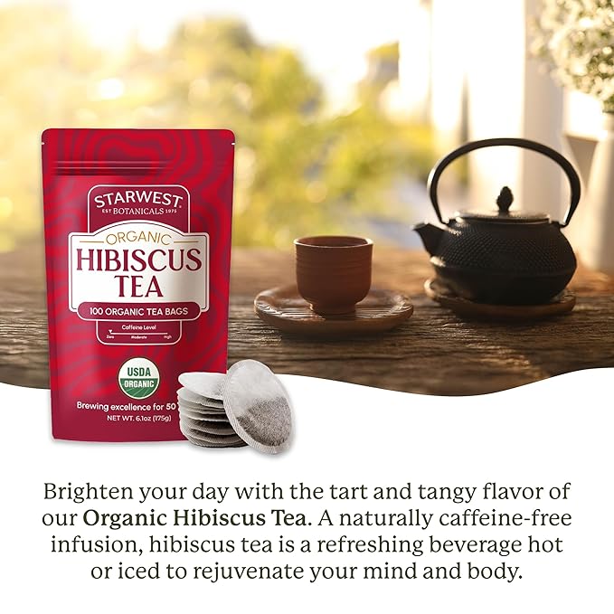 Starwest Botanicals Organic Hibiscus Tea - Caffeine Free Herbal Tea, Tea with Antioxidant Properties, String Free Sachets, USDA Organic Hibiscus Flower, Non GMO - Bulk Pack, 100 Tea Bags - Bloomnest