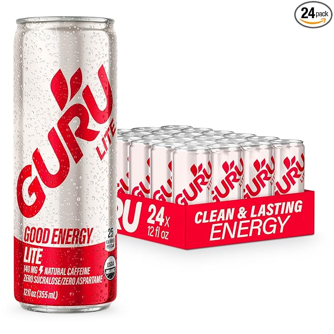 GURU Lite Organic Energy Drinks, Clean Energy Drink with Plant Based Natural Caffeine from Green Tea, Low Calorie, Gluten Free and Vegan, 140MG Caffeine, Healthy Drinks, 12oz (Pack of 24) - Bloomnest