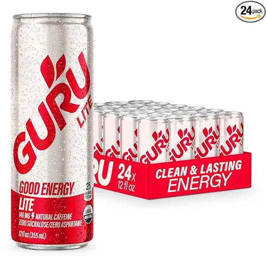 GURU Lite Organic Energy Drinks, Clean Energy Drink with Plant Based Natural Caffeine from Green Tea, Low Calorie, Gluten Free and Vegan, 140MG Caffeine, Healthy Drinks, 12oz (Pack of 24) - Bloomnest