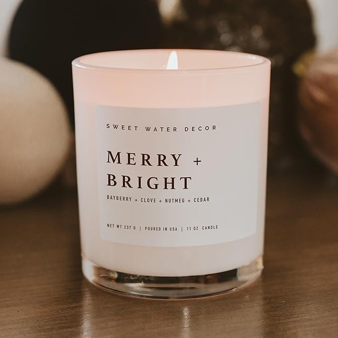 Sweet Water Decor Merry and Bright Soy Christmas Candle - Bayberry, Clove, Nutmeg, and Cedar Scented Holiday Candles for Home - 11oz White Jar + Wood Lid, 50+ Hour Burn Time, Made in The USA - Bloomnest
