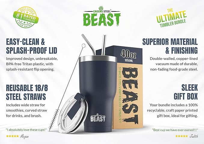 Beast 40 oz Tumbler Stainless Steel Vacuum Insulated Coffee Ice Cup Double Wall Travel Flask (Navy Blue) - Bloomnest
