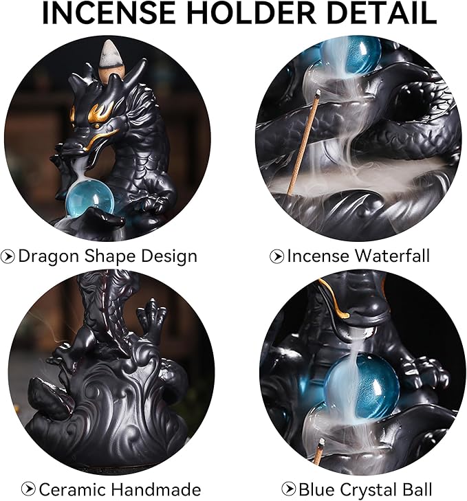 YYW Dragon Backflow Incense Holder, Waterfall Incense Burner with 30 Backflow Incense Sticks, 20 Fragrance cones, Ceramic Hand-Made Incense Holder for Aromatherapy Ornament Home Decor - Bloomnest