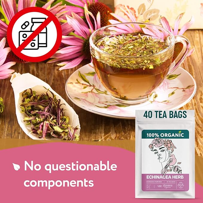 Echinacea Tea Organic (40 Tea Bags) - 100% Pure Natural Immunity Support - Equinacea Organica - Herbal Infusion - Caffeine-Free - Bloomnest