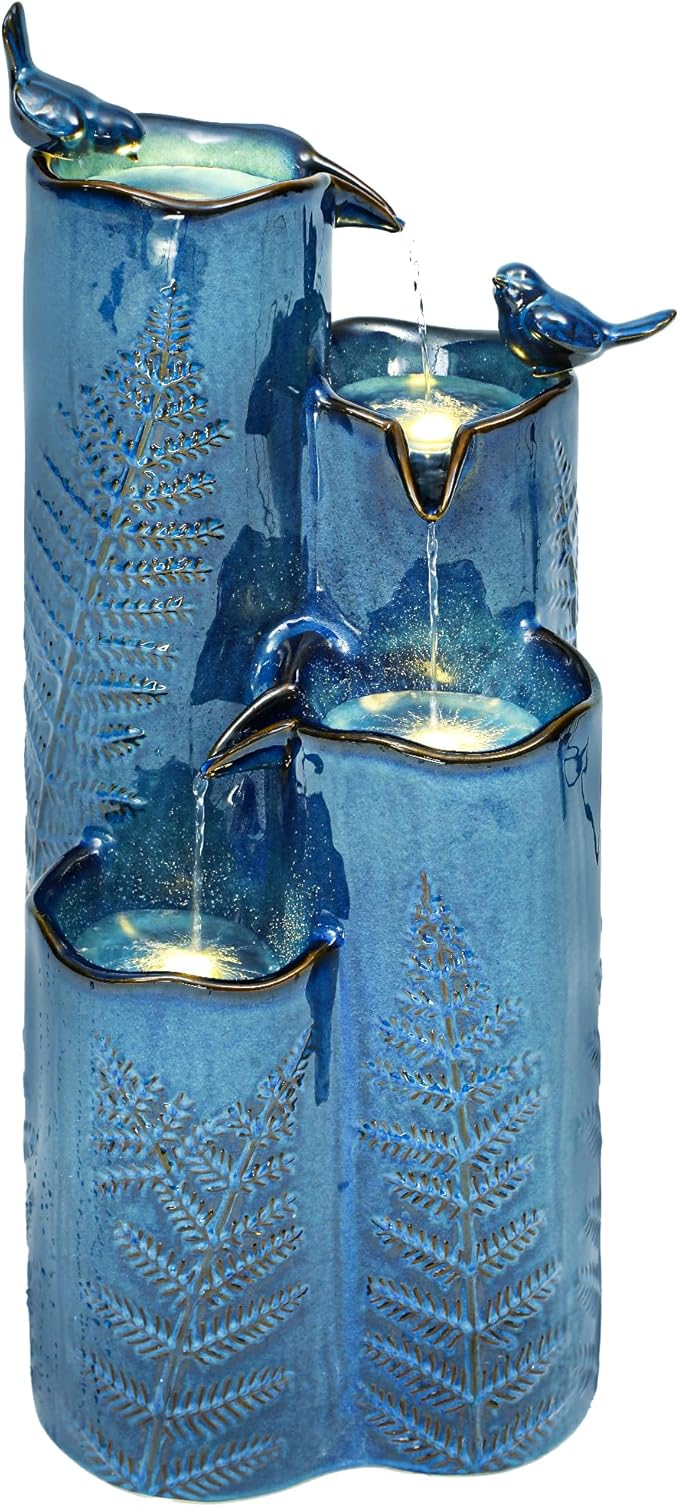 Outdoor Water Fountain with Lights, 32" Ceramic Vase Fountain with 4-Tier Waterfall and Bird Decor, Tall Garden Waterfall with Turquoise Glaze & Tropical Fern for Patio, Yard, Balcony, Porch - Bloomnest