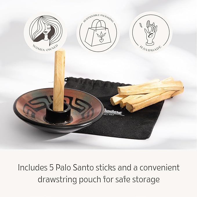 Palo Santo Holder with 5 Sticks - Luna Sundara Handmade Ceramic Incense Burner - Peach Chulucanas Pottery from Peru - Smudge Bowl for Sage - Aromatherapy Gift Set LunaSundara
