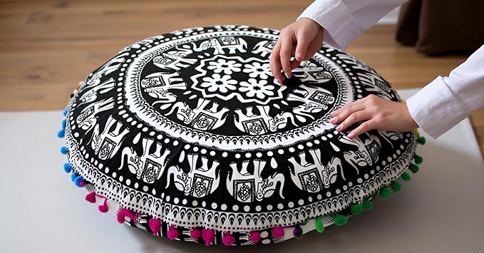 CRAFT KALA Large Round Bohemian Floor Pillow Pouf Cover Mandala Meditation Room Pillow Cover for Adults Boho Seating Poufs Cushion Cover for Kids Playroom 32" Round Black Elephant - Bloomnest