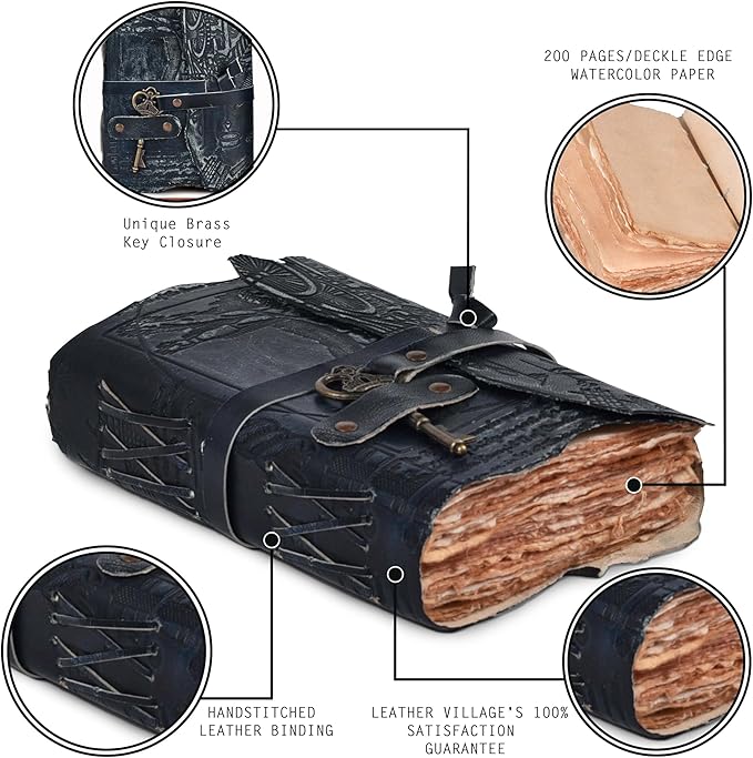 LEATHER VILLAGE Genuine Leather Handmade Journal for Men & Women – Vitruvian Man Embossed Cover – Key Closure – Book of Shadow – Vintage Deckle Edge Paper for Writing, Drawing – 7x5 Inches – Turquoise - Bloomnest