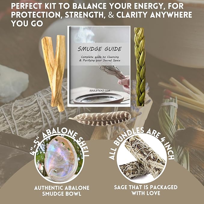 Ancient VEDA Organic Smudge Kit – Yerba Santa, Palo Santo, Sweetgrass, Abalone Shell, Feather & Smudge Guide | Smudging Kit for Home Cleansing, Meditation, Healing (Healer's Kit, Yerba Santa Sage) AncientVeda