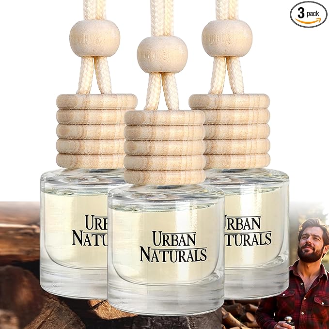 Urban Naturals Car Air Freshener Diffuser 3 Pack - Mahogany Teakwood Scent, 45+ Days Long Lasting Fragrance, Made in USA, Glass & Wood, Hanging Design + Vent Cip, Easy to Use - Bloomnest