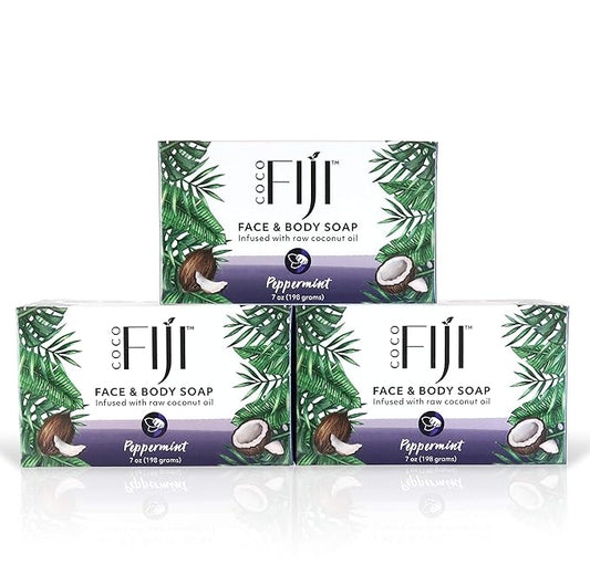 "Coco Fiji Soap Bar for Face and Body Infused With Organic Coconut Oil, Peppermint, Essential Oil, Natural Soap for Moisturizing & Pore Purifying Skin, 7 oz, Pack Of 3 "