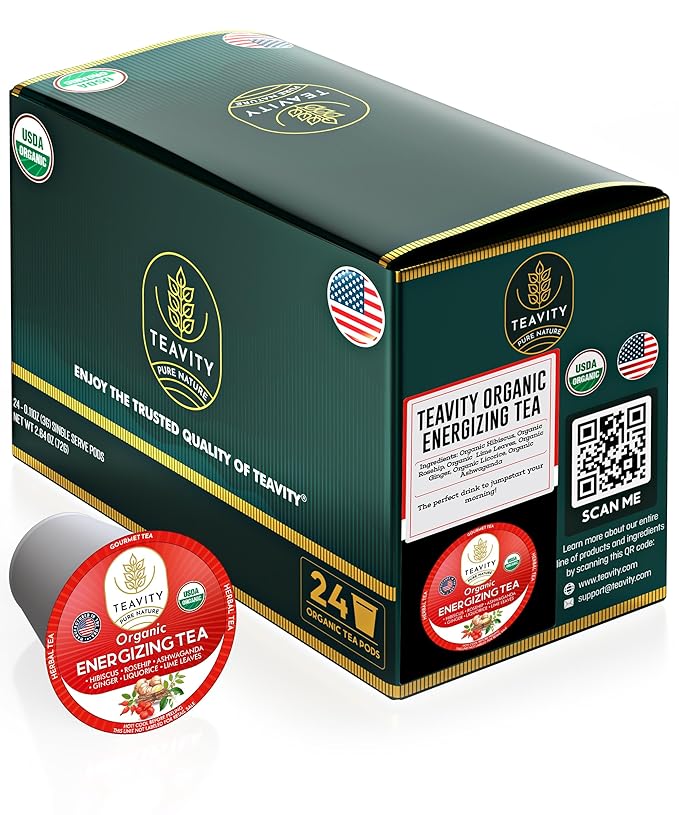 Organic Ashwagandha Tea Pods for Keurig with Ginger, Licorice, Organic Hibiscus Sabdariffa, Rosehip, & Lime - Decaf Herbal Tea - Energizing Tea by Teavity (24 Tea Pods) - Bloomnest