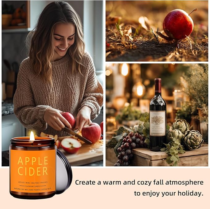 Fall Scented Candles Apple Cider 7oz – Fresh Apple Candle with Warm Cinnamon & Spiced Cider Soy Wax Candle for Cozy Autumn Home Décor, Perfect Fall Gift for Apple Lovers, 50 Hour Long Burn - Bloomnest