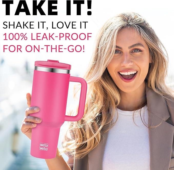 WETOWETO 40oz Tumbler with Handle | Insulated Stainless Steel Travel Mug | 34Hrs Cold & 10Hrs Hot Retention | 100% Leakproof Lid & Straw | Dishwasher Safe + Car Cup Holder Fit (Bright Pink) - Bloomnest