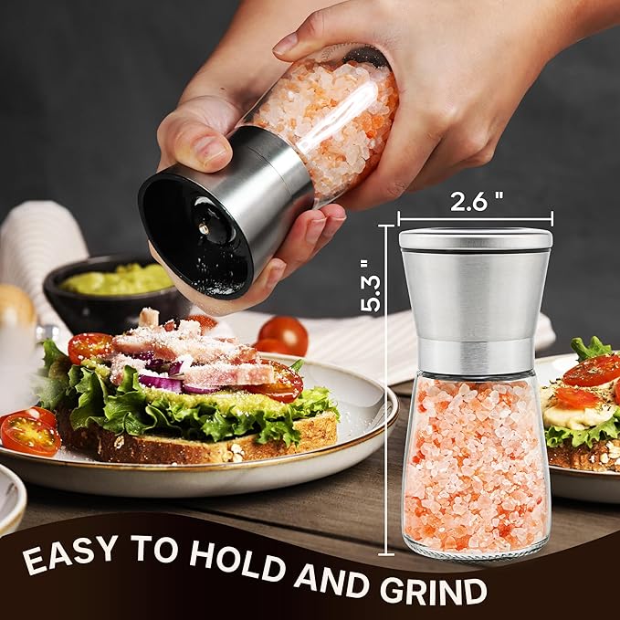 Stainless Steel Salt and Pepper Grinder Set of 2 - Pepper Mill & Salt Mill with Adjustable Coarseness - Glass Spice Shakers - Easy Clean Ceramic Grinders W/Funnel (2.6"W x 5.3"H) - Bloomnest