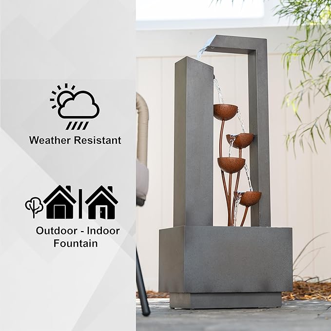 XBrand Freestanding Sculptural Metal Multi-Tiered Flower Water Fountain, No LED Lights, Gray and Bronze, 38" Tall