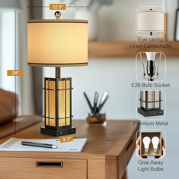 Black Table Lamps Set of 2, 24" Farmhouse Lamps for Living Room with USB C+A Ports, Industrial Retro Lamps for Bedroom, Nightstand Light Fixture, 2 Bulbs Included - Bloomnest