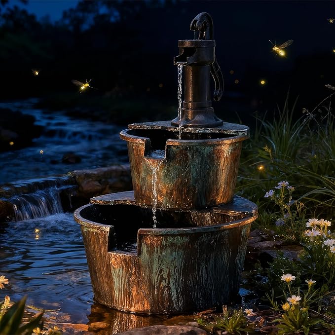 Athena Collection 27'' Height Electric Waterfall Fountain 2 Tier Stepped Barrel Vintage Fountain Polypropylene with Pump Freestanding Floor Tabletop Fountain for Outside, Patio, Garden, Green - Bloomnest