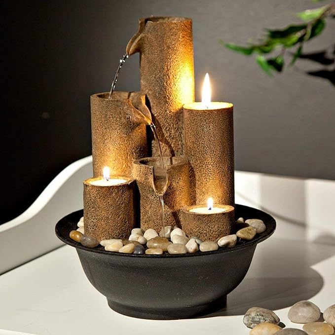 Alpine Corporation WCT202 Indoor Tabletop Tiered Water Fountain Featuring 3 Candles for Desktop and Table, 11", Brown - Bloomnest