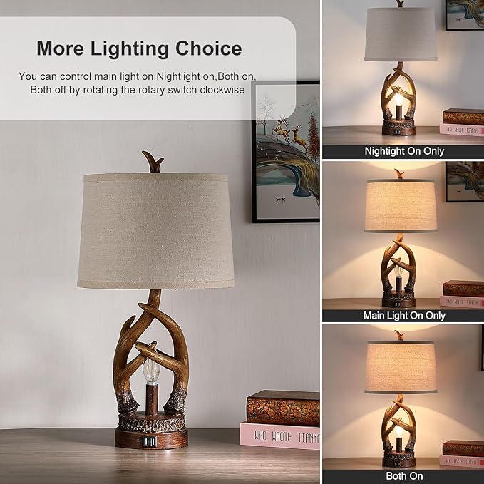 Rustic Table Lamps Farmhouse Antler Lamps Set of 2 Western Bedside Lamps for Bedroom with USB Charging Ports Nightlight,Vintage Resin Nightstand Table Lamps for Living Room (Bulbs Included) - Bloomnest