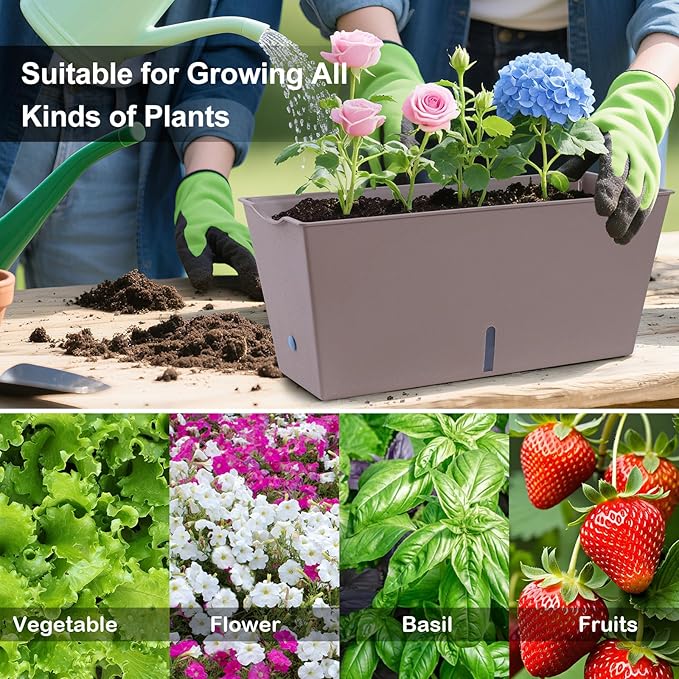 Window Box Planter 6 Pcs, 16.5 Inches Self Watering Rectangle Flower Plant Pots with Drainage Holes Trays, Vegetable Planters for Windowsill Patio Garden Balcony Porch Yard (Khaki) - Bloomnest