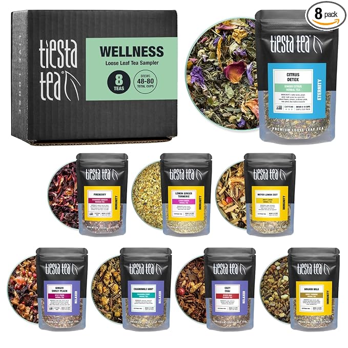 Tiesta Tea - Wellness Tea Sampler Dry Flight Set, Loose Leaf, High to No Caffeine, Makes Hot & Iced, Assorted Brew Sets with Herbal, Chai, Fruit Drinks & More, 8 Resealable Sample Pouches - Bloomnest