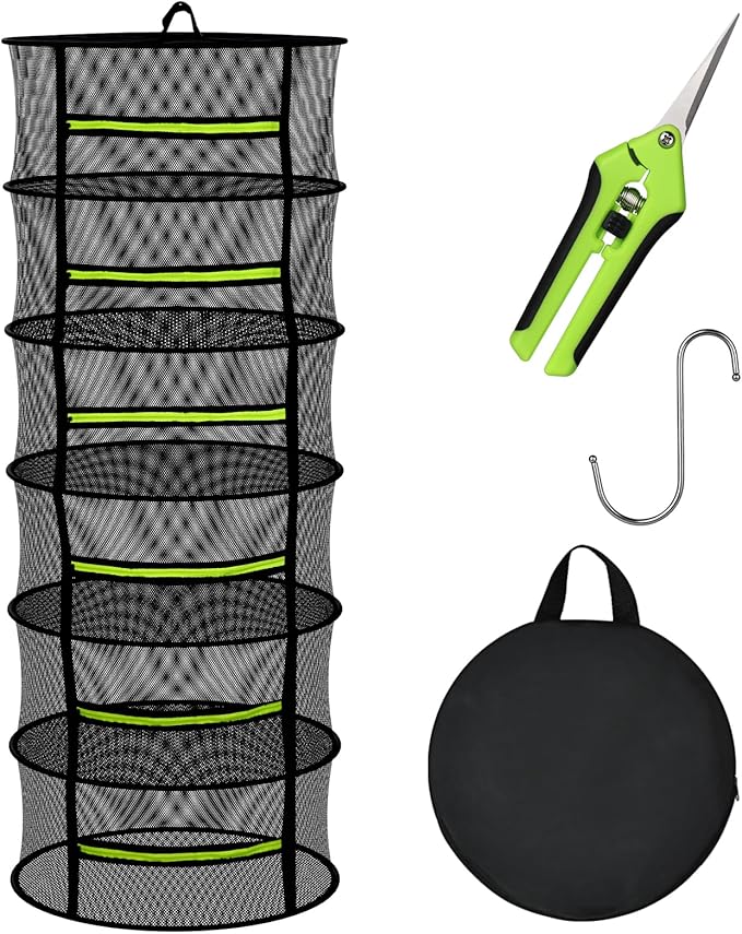 Herb Drying Rack with Mesh Design, Hanging Drying Rack with Green Zipper & Garden Pruning Shears – Versatile Plant Drying Solution (6 Layers) - Bloomnest
