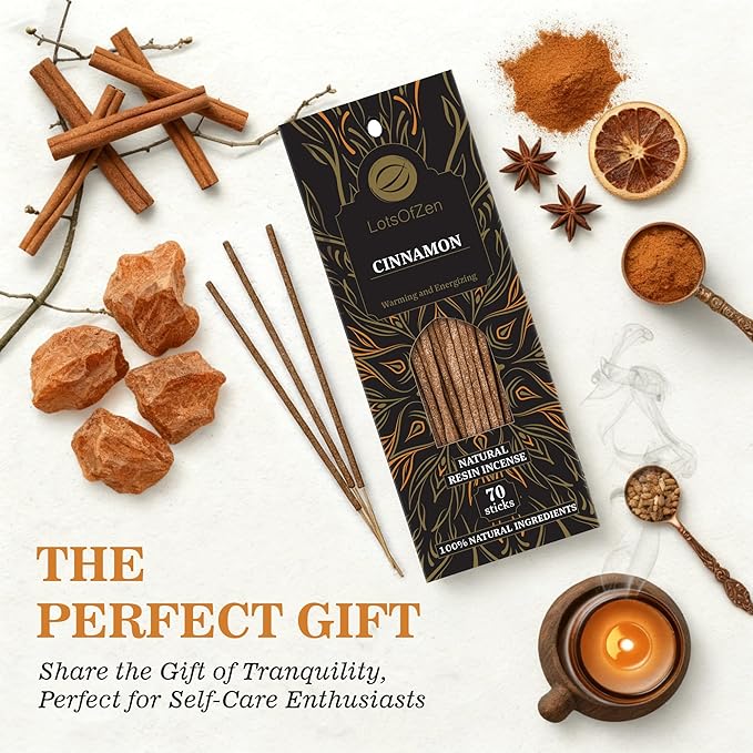 Cinnamon Incense Sticks, 70 Pack – Hand-Rolled, 8-Inch, Long-Burning – Natural Warm Sweet Aroma for Meditation, Yoga, Relaxation, Spiritual Practices LotsOfZen