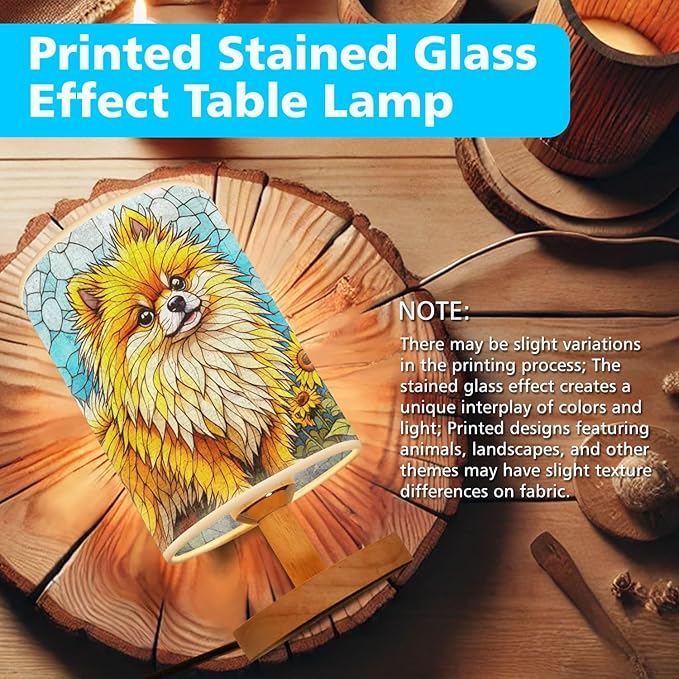 Pomeranian Table Lamp LED 3-Color Pressed Bedside, Dog Shade Lamp with Wood Base for Bedroom Living Room Desk Office - Bloomnest