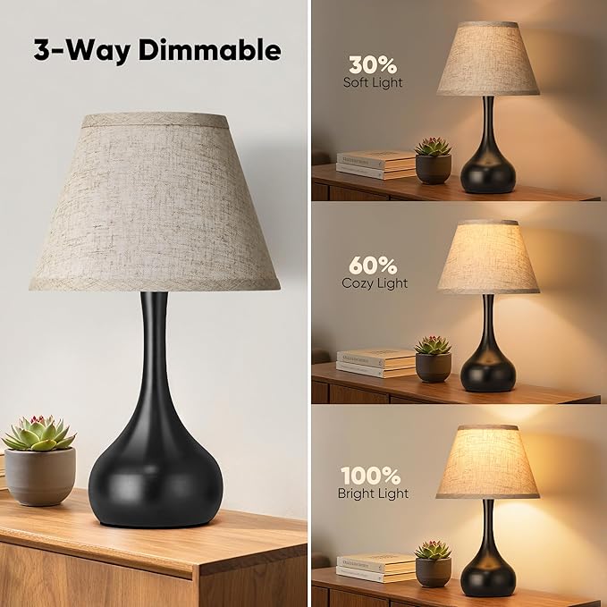 Touch Table Lamp for Bedroom Set of 2, 3-Way Dimmable Bedside Lamp for Nightstand, 17” Farmhouse Metal Desk Lamp with Linen Shade for Living Room, Kids Reading, Dorm, Home Office Decor, Bulb Included - Bloomnest