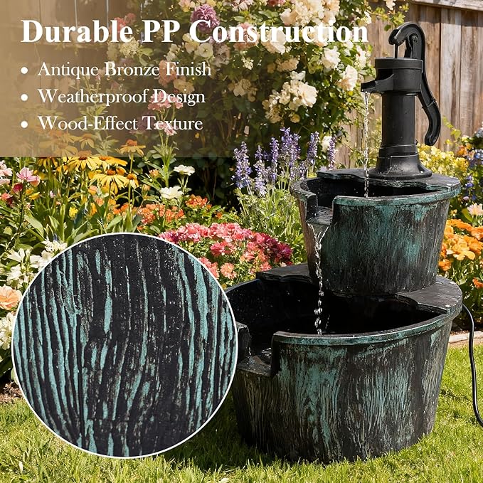 Athena Collection 27'' Height Electric Waterfall Fountain 2 Tier Stepped Barrel Vintage Fountain Polypropylene with Pump Freestanding Floor Tabletop Fountain for Outside, Patio, Garden, Green - Bloomnest