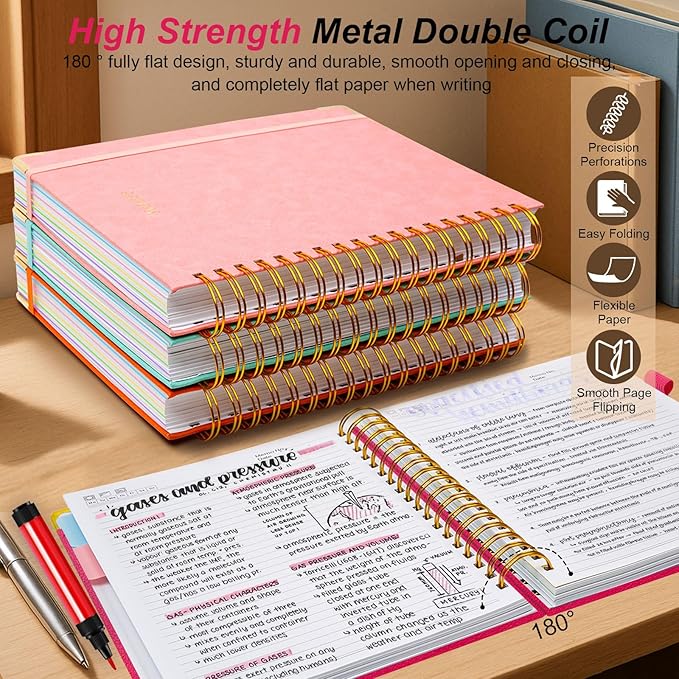 Hardcover Spiral Notebook 8.5"x11" Journal Notebook with Tabs and Removable Dividers 300 Pages 5 Subject Notebook College Ruled, Faux Leather Spiral Bound Notebook for Women School Work (Rose Red) - Bloomnest