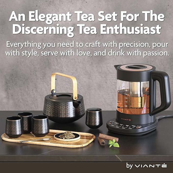 Vianté Luxury Tea Set. Electric Kettle with Infuser for Loose Leaf And Ceramic Serving Set. Teapot and Cup Set with Wooden Tray. Excellent Gift Idea For Tea Lovers. - Bloomnest
