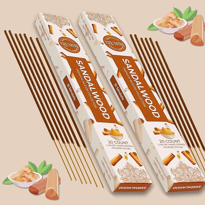 Sandalwood Incense Sticks - Incienso de Sándalo - Total 120 Insence-Sticks - 6 Packs of 20 Insense - Inciensos - Inscents - Natural Non Toxic Ingredients - Incents - Incence - Inscense - Insents TRUMIRI