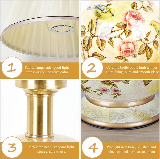 20.4" Chinoiserie LED Table Lamp, American Flower and Bird Ceramic Chinoiserie Table Lamp, Yellow Fabric Shade with Hardware Base Round Bedside Lamp Bedroom Study Hotel Home Decoration - Bloomnest