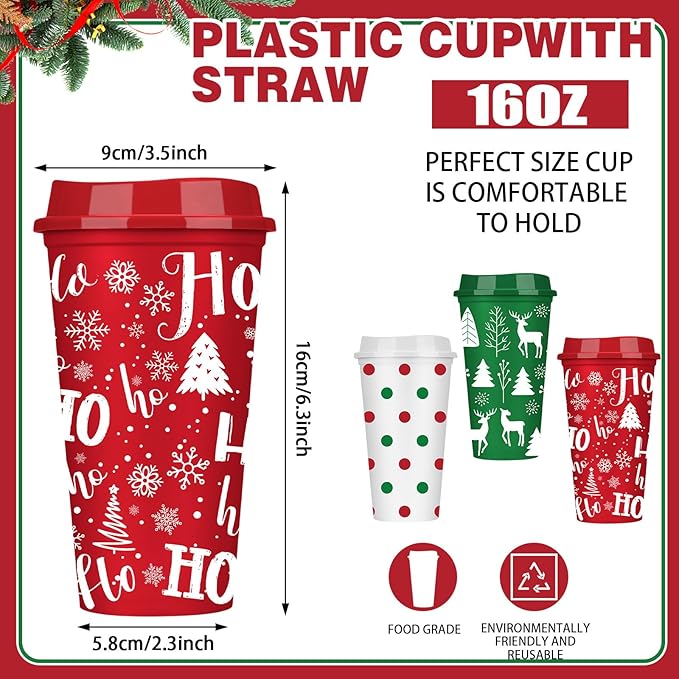 Pickmesh 24 Pcs Christmas Coffee Cups Gifts Bulk 16 oz Reusable Christmas Tree Snowflake Elk Pattern Tumblers with Lid Plastic Travel Coffee Mug for Women Coworkers Holiday Drinks - Bloomnest